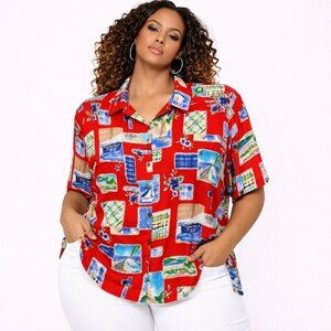 Allison Daley Hawaiian Shirt Red Island Print Short Sleeve Button Front Size 22W
